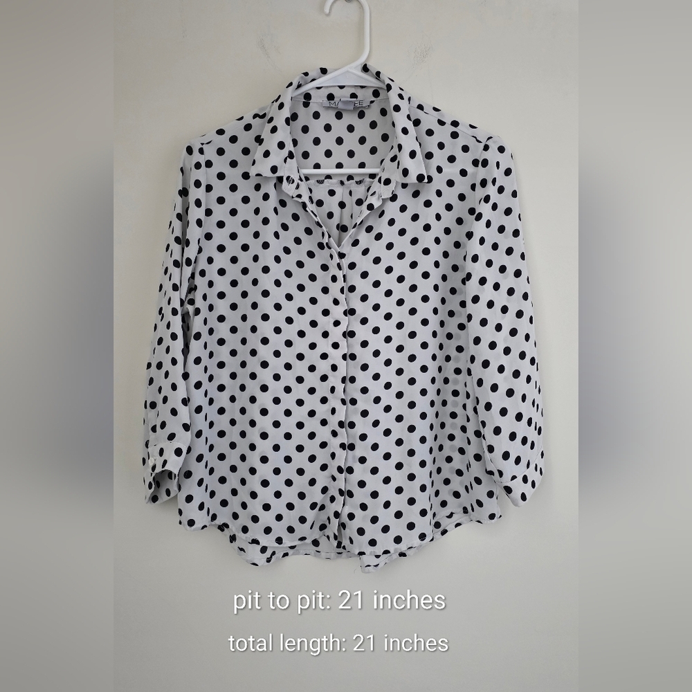 Mandee White & Black Polka Dot Button-Down Blouse | Collared | 3/4 Sleeves | M - Picture 3 of 11
